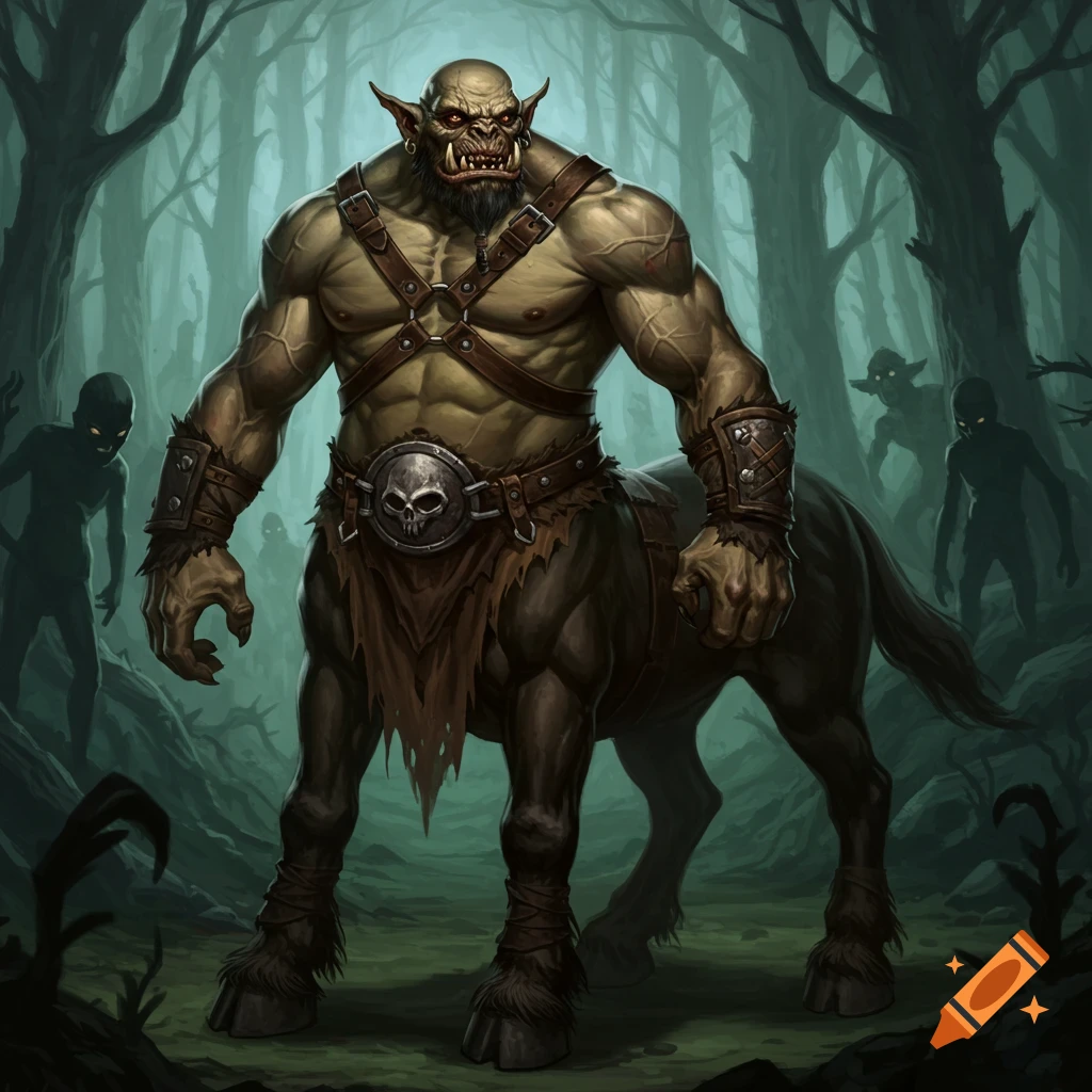 A fearsome ogre centaur stands in a dark, spooky forest with shadowy figures.