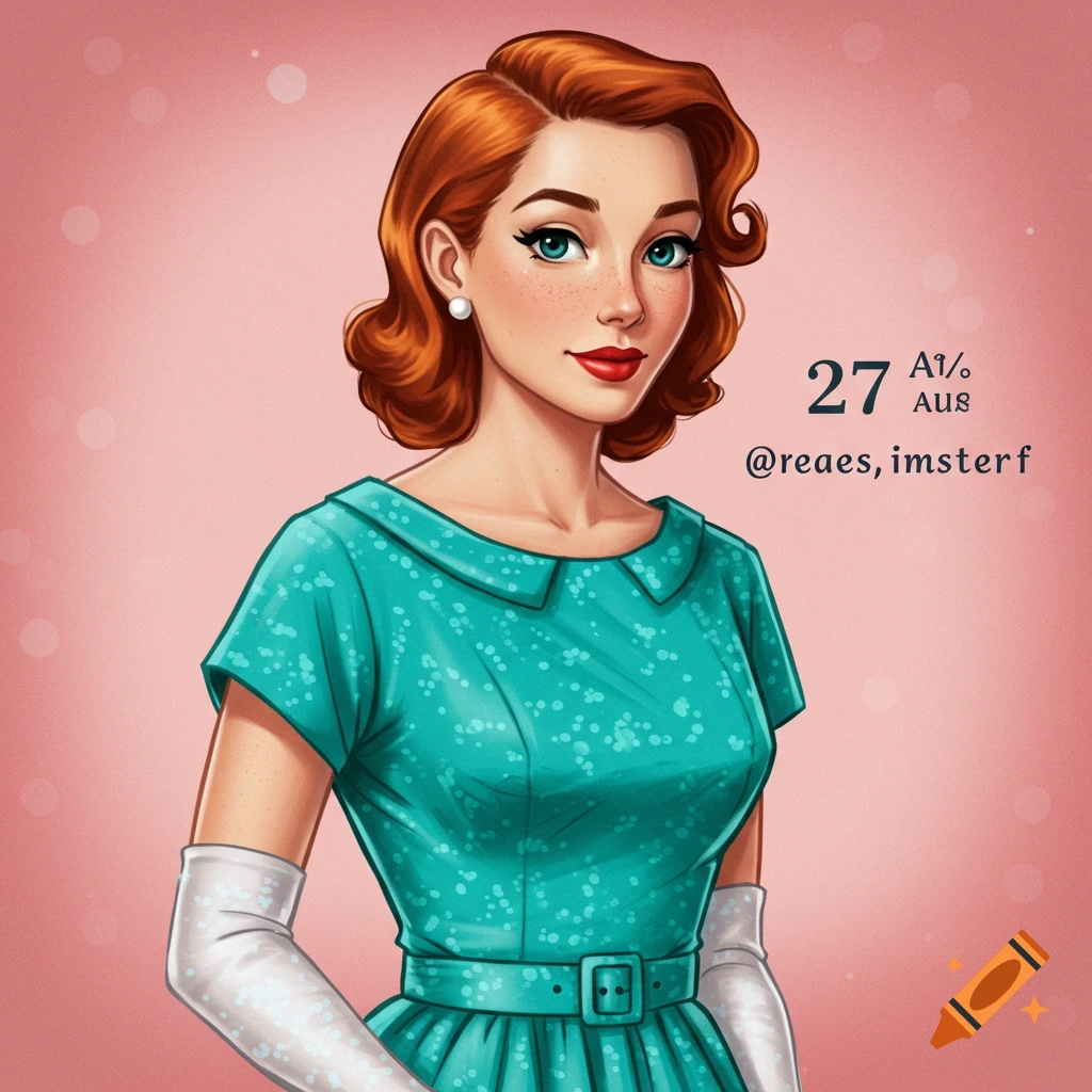 A red-haired woman wears a teal 1950s dress and white gloves.