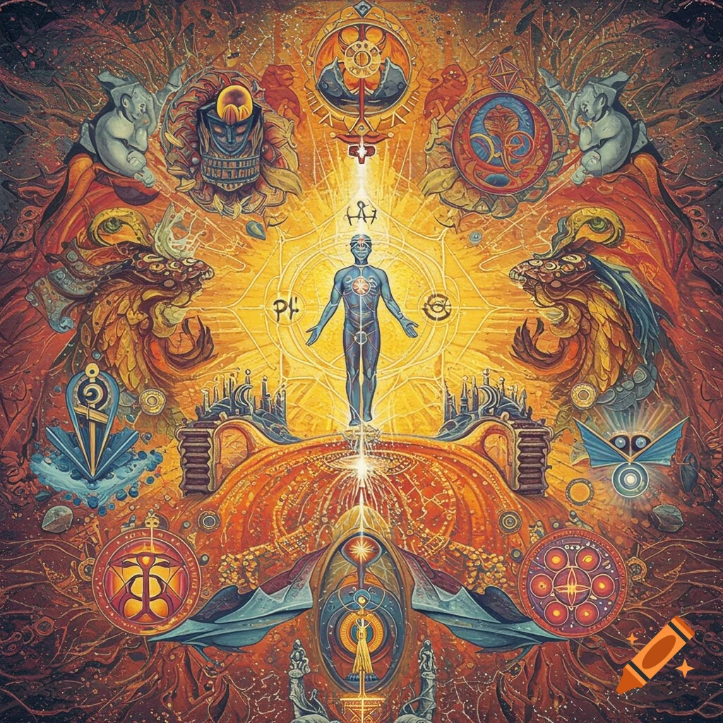 Psychedelic spiritual art with central figure, symbols, and intricate patterns