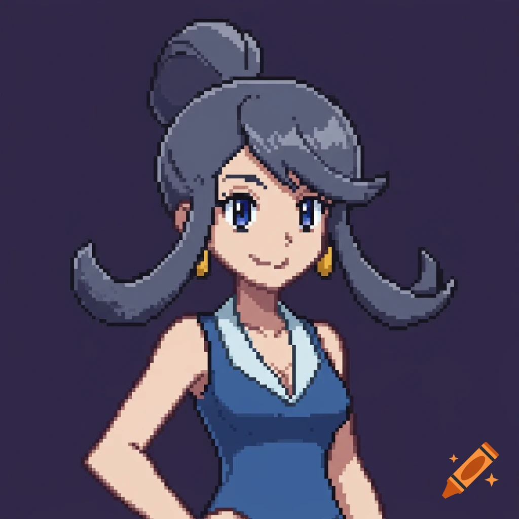 Pixel art portrait of a Pokemon-style woman with blue hair in a ponytail wearing a blue dress.