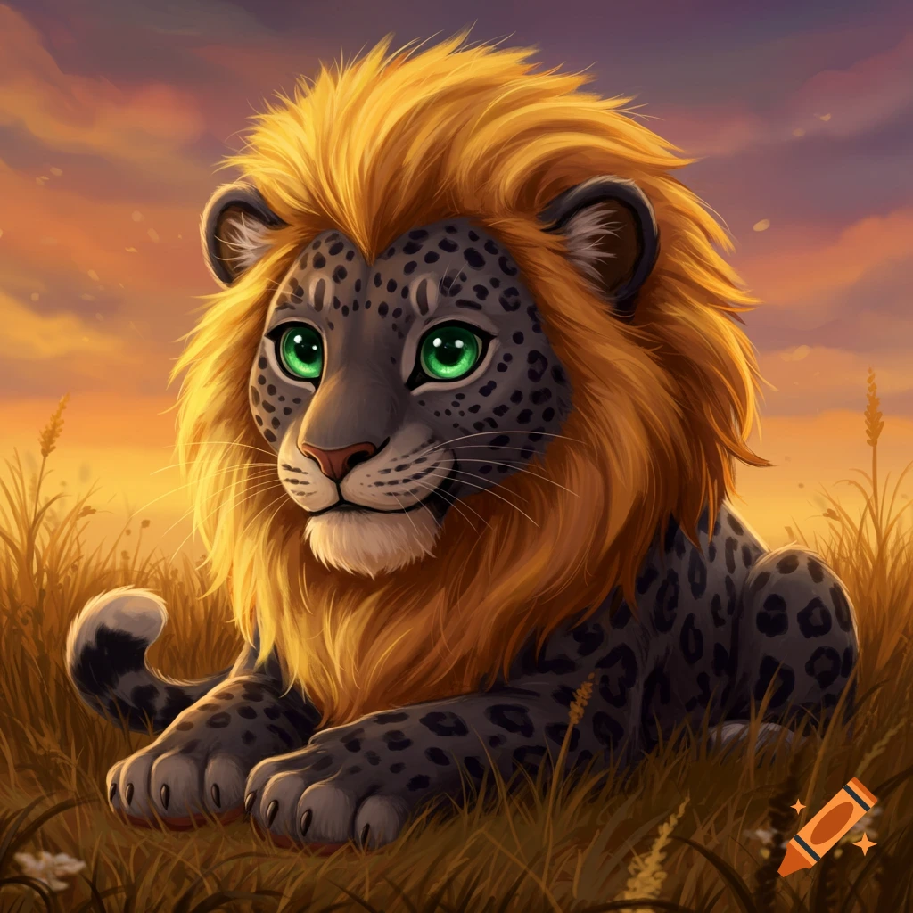 A cute lion-leopard hybrid with green eyes sits in tall grass at sunset.
