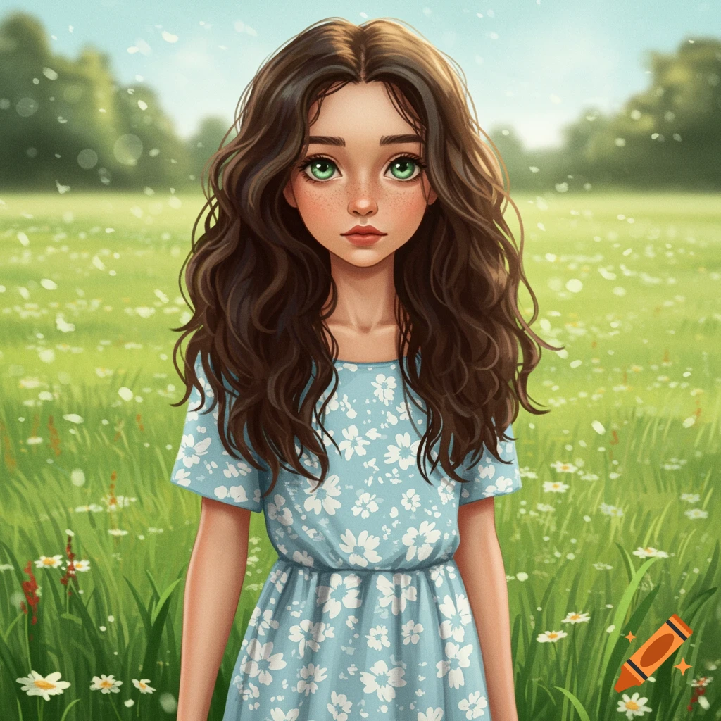 A young girl in a meadow with flowers.