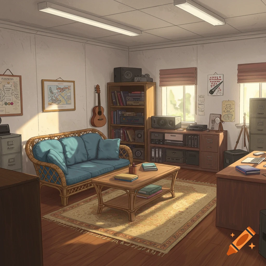 An office room with rattan couch, coffee table, bookshelf, desk, and file cabinets.