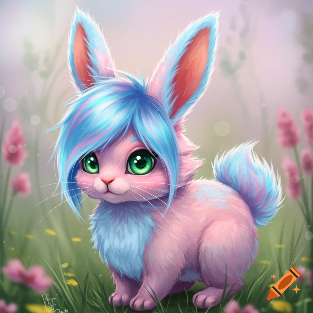 A cute pink and blue fluffy bunny with green eyes sitting in a meadow.
