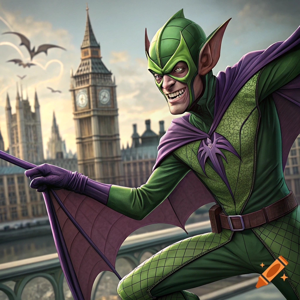 Green Goblin flies over London with Big Ben and the Houses of Parliament in the background.