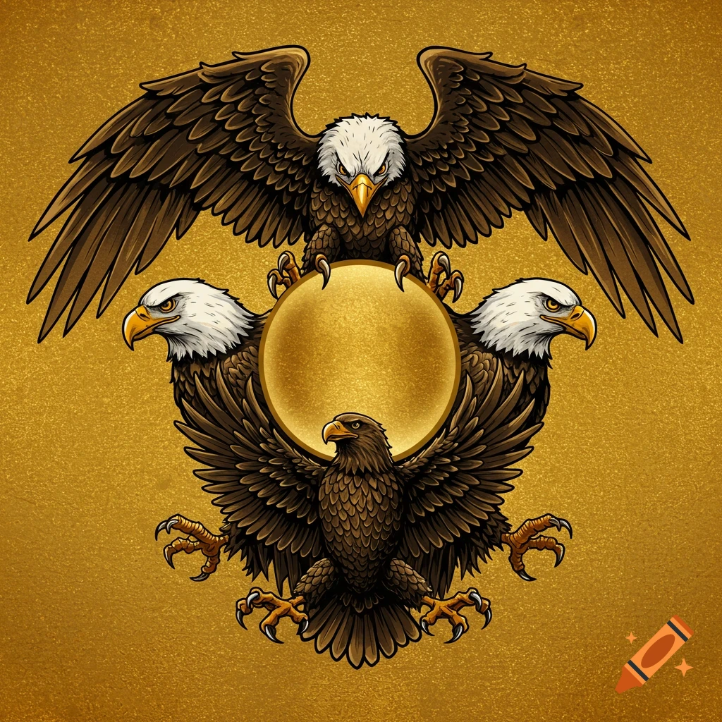 Stylized illustration of four eagles surrounding a golden orb on a gold background.