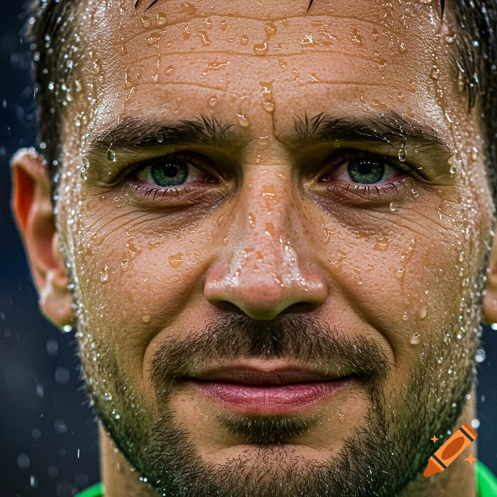 Close-up portrait of a man's face covered in water droplets. He has tired eyes and a subtle smile.