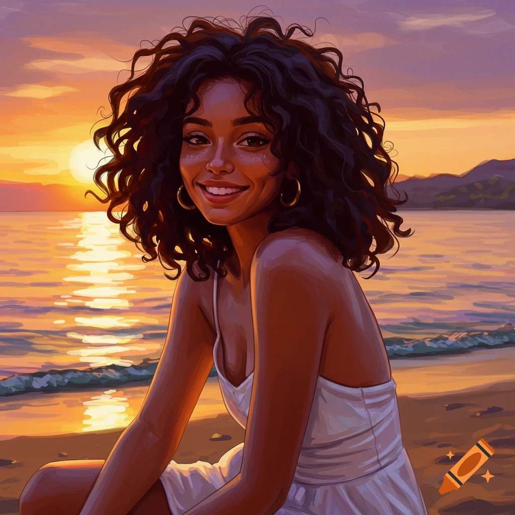 A smiling young woman with curly hair is sitting on a beach at sunset.