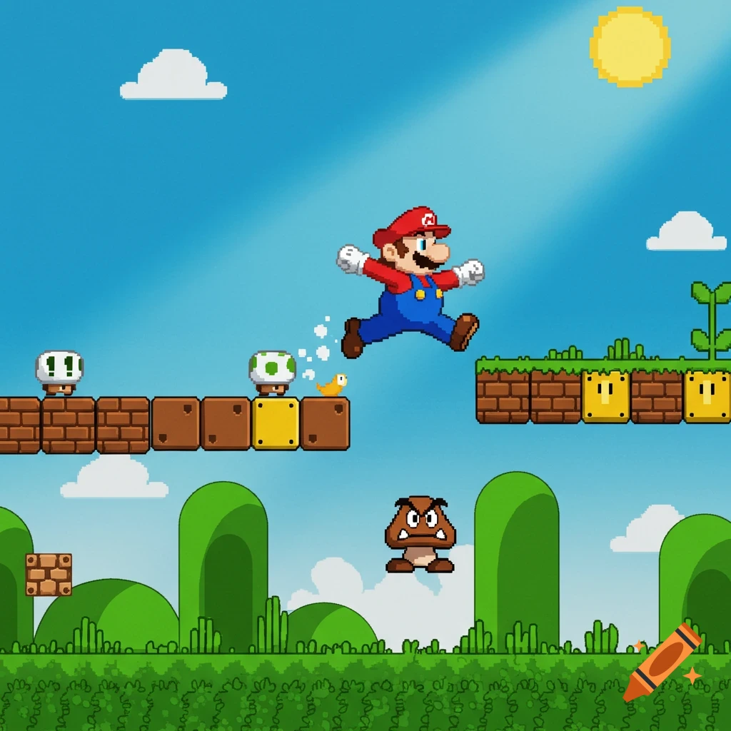 Pixel art scene of Super Mario jumping over Goomba and blocks