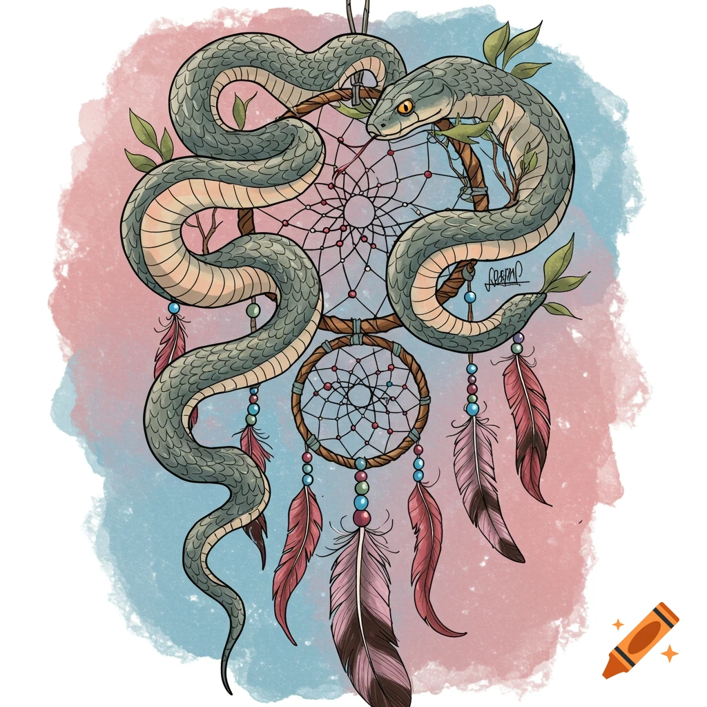 Two snakes wrapped around a dream catcher with feathers.