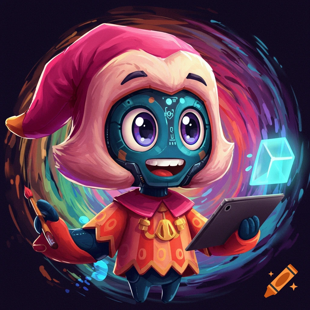 Cartoon robot in jester hat with paintbrush and tablet against swirling colorful background, digital art.