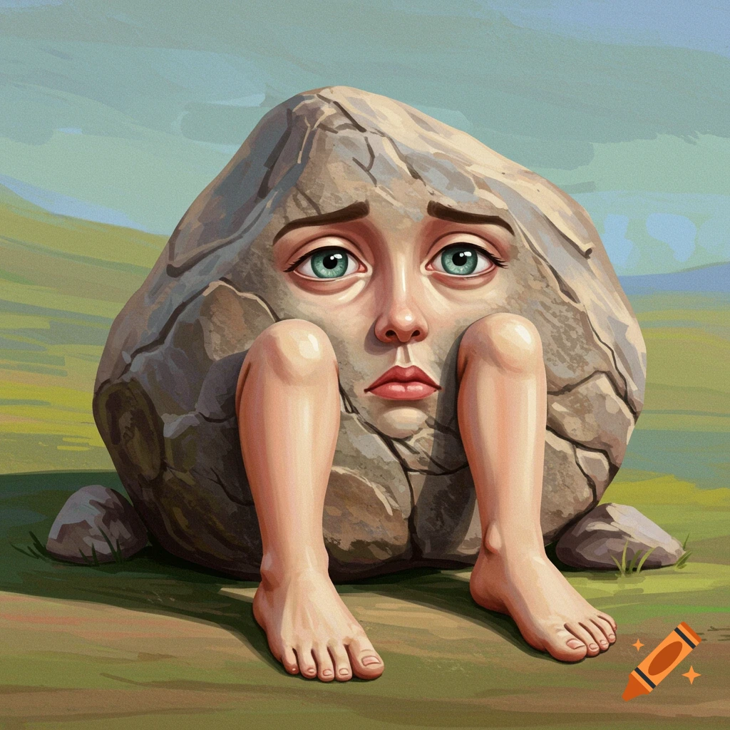A rock creature with a human face and bare feet is sitting in a landscape.