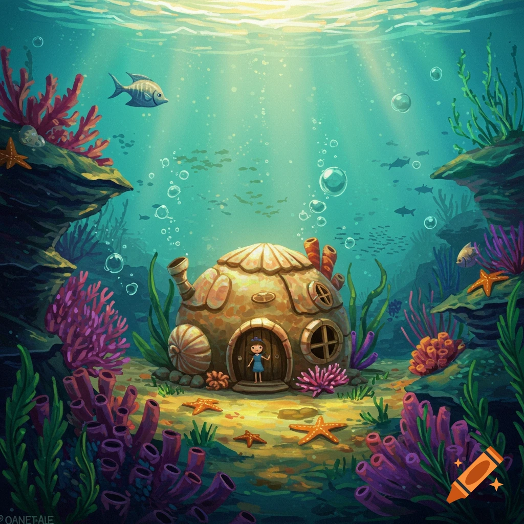 A whimsical seashell house underwater with a person, colorful coral, fish, and starfish.