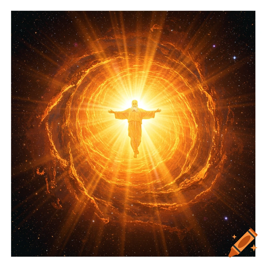 A glowing figure with outstretched arms is in a swirling orange cosmic vortex.