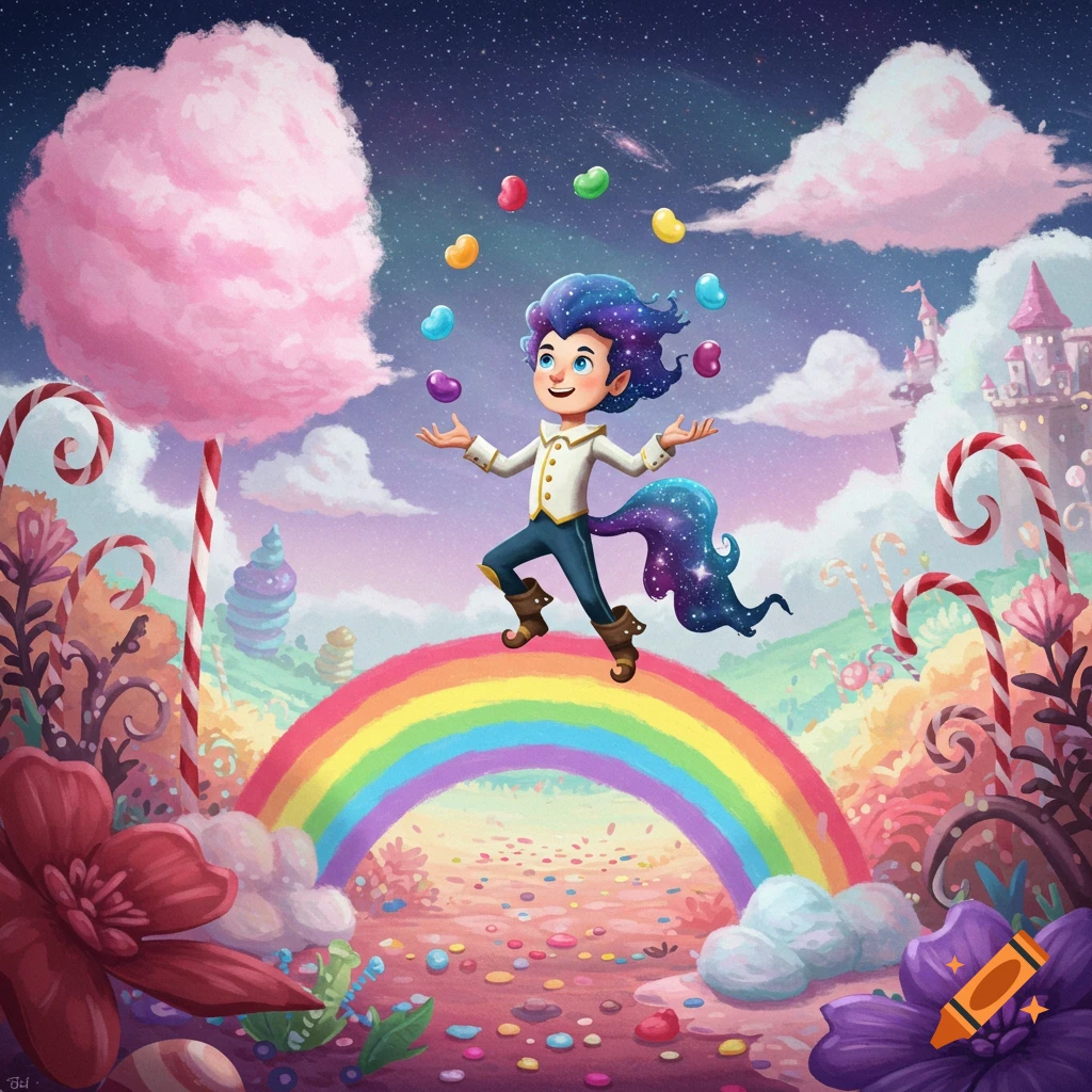 A character with galaxy hair juggles jellybeans on a rainbow in a candy wonderland under a starry sky.