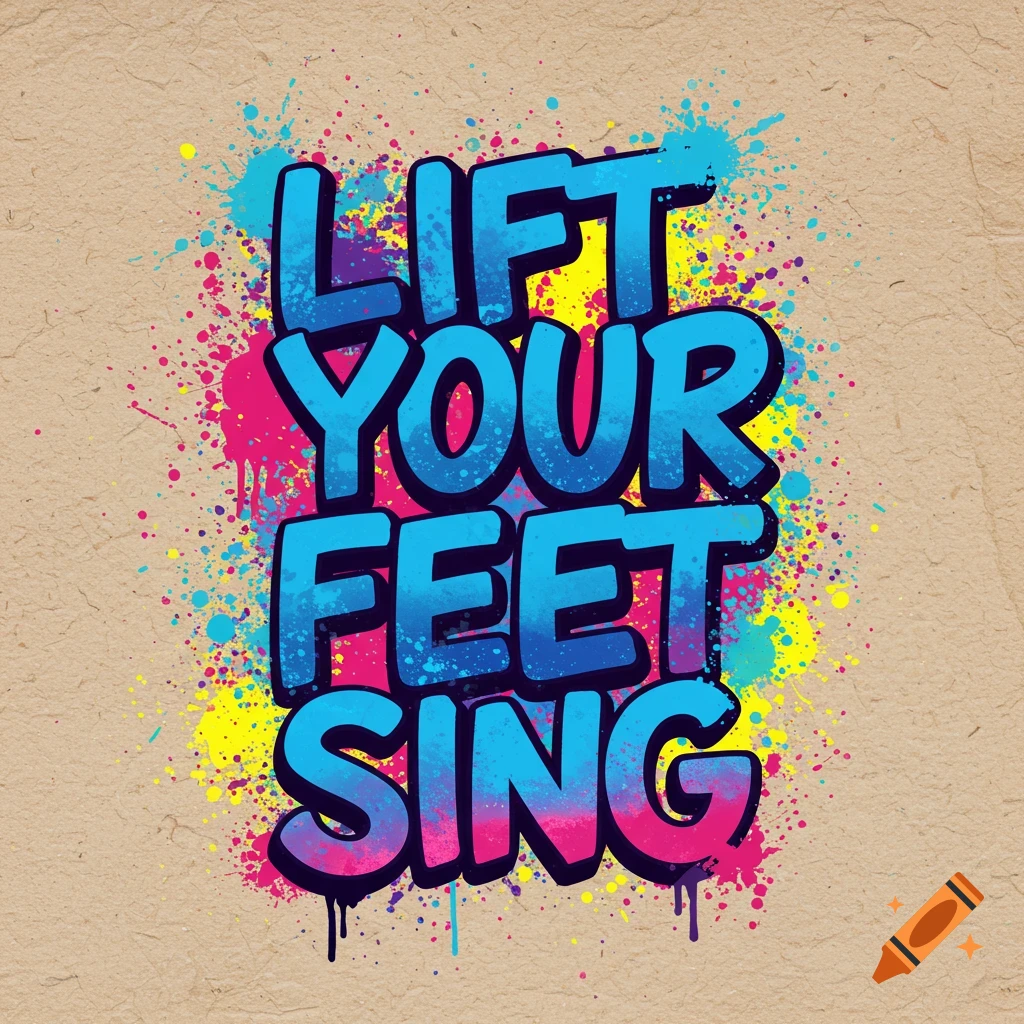 Stylized text 'LIFT YOUR FEET SING' with colorful paint splatters on a textured background.