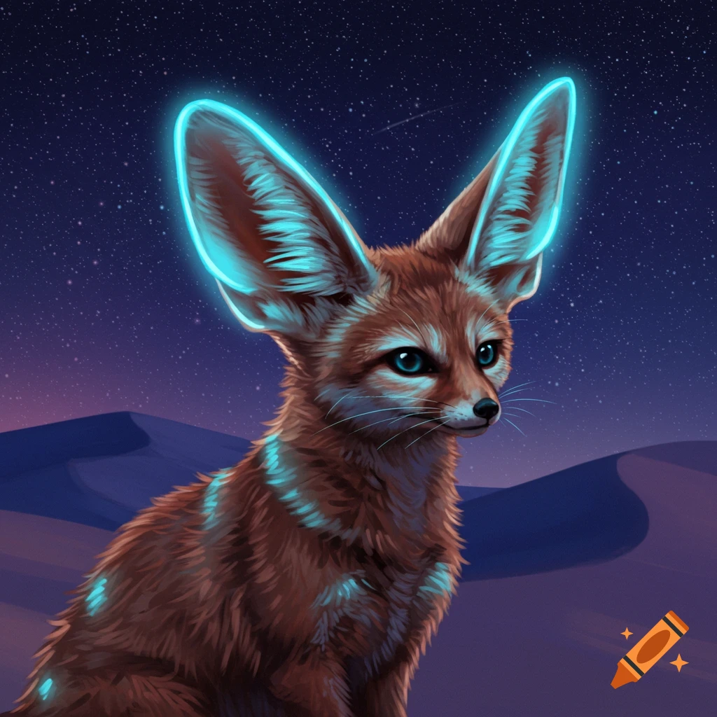 A bioluminescent fennec fox in a desert under a starry night sky.