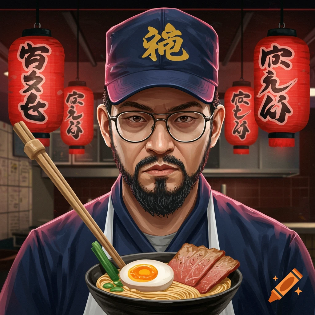 A man wearing a cap and apron holds a bowl of ramen.