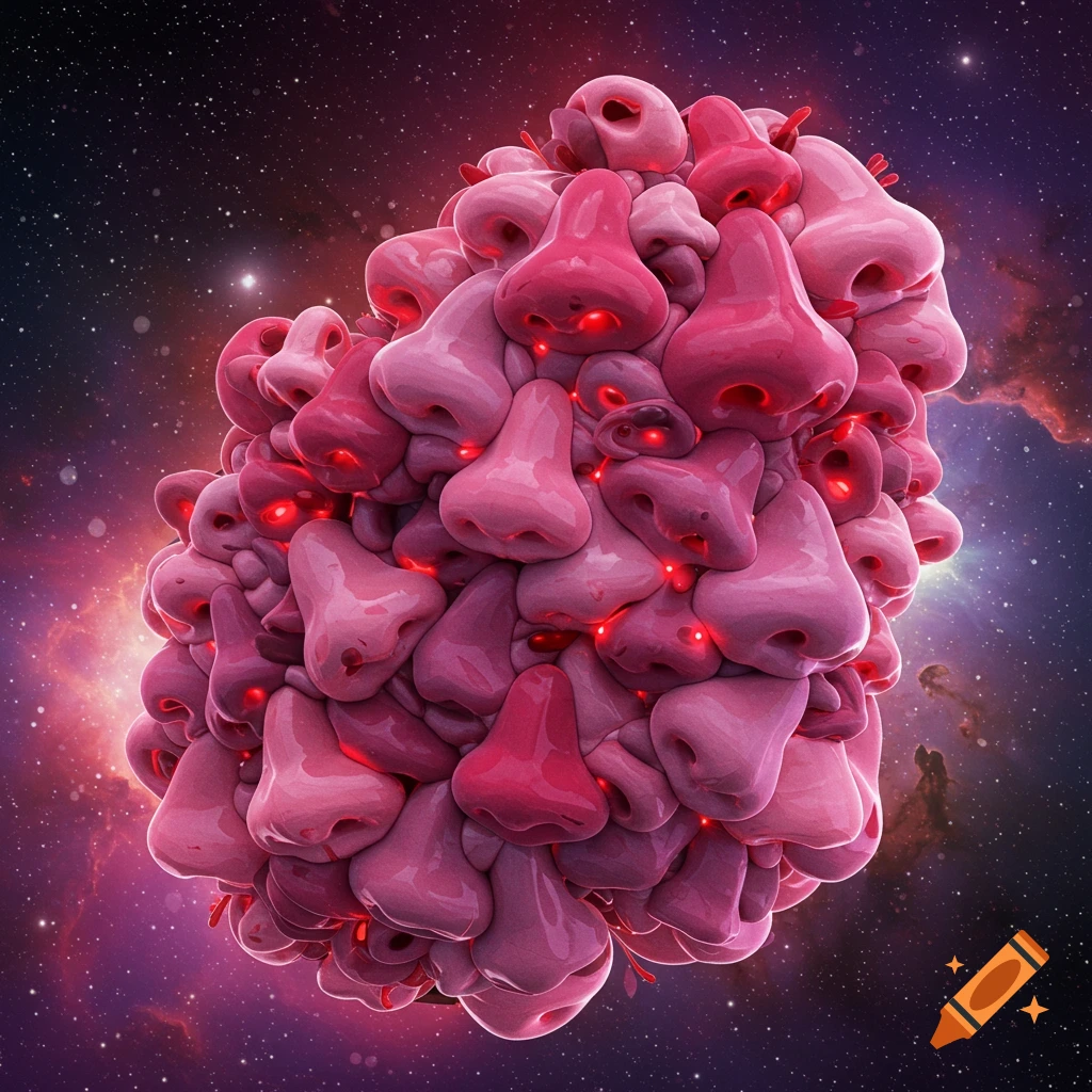 A surreal cluster of pink noses with glowing red nostrils, floating in deep space with stars and nebulae.