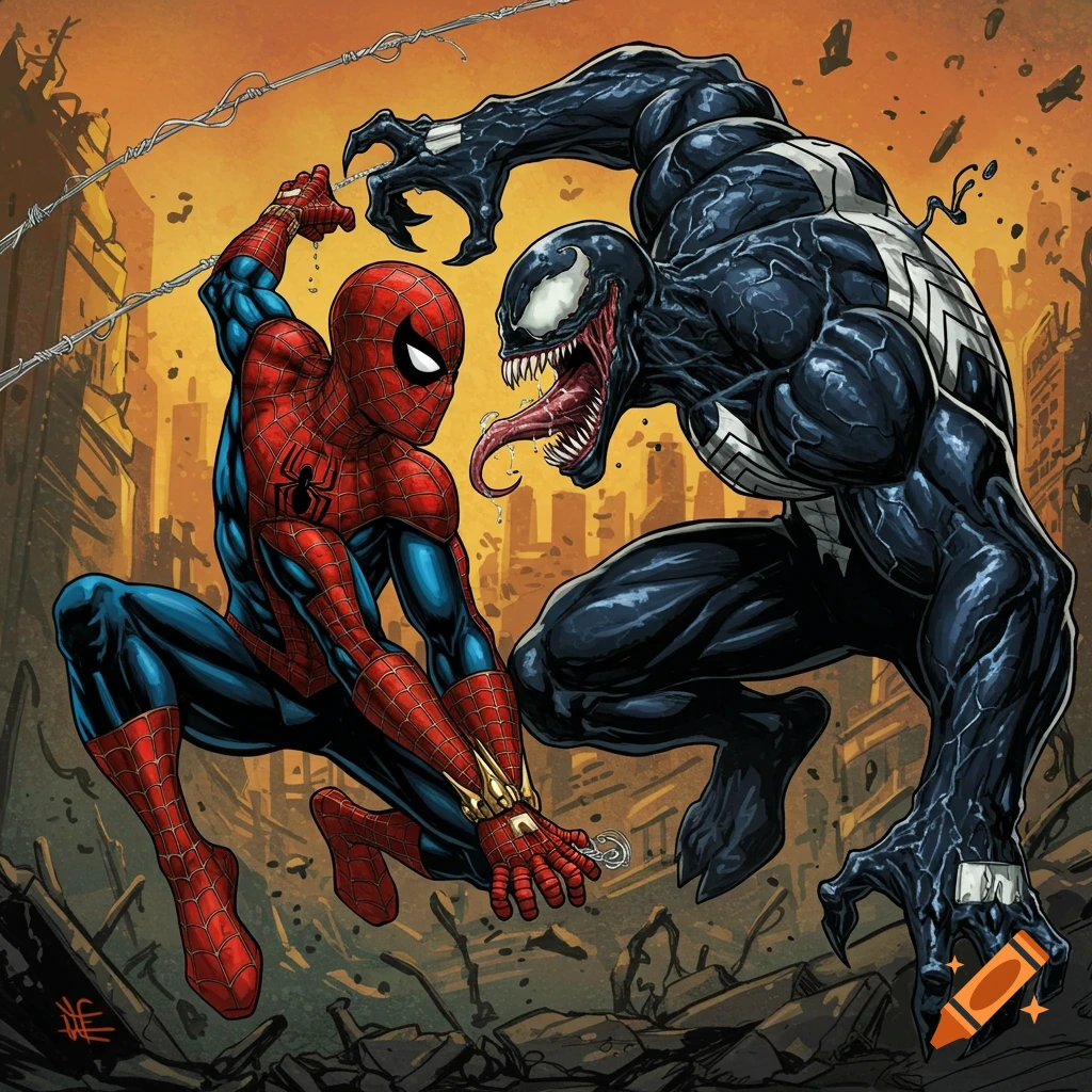 Spider-Man fights Venom in a ruined city in a comic art style.