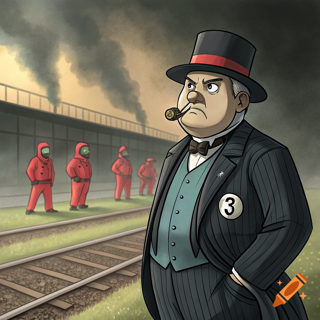Cartoon of a stern man in a top hat and suit smoking a pipe, standing near train tracks with figures in red suits in the background.