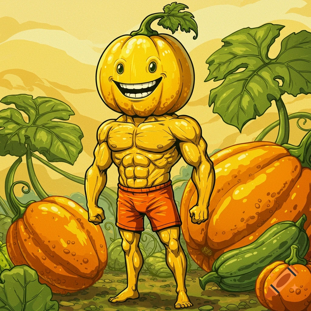 Cartoon of a muscular pumpkin character in shorts standing in a field of pumpkins.