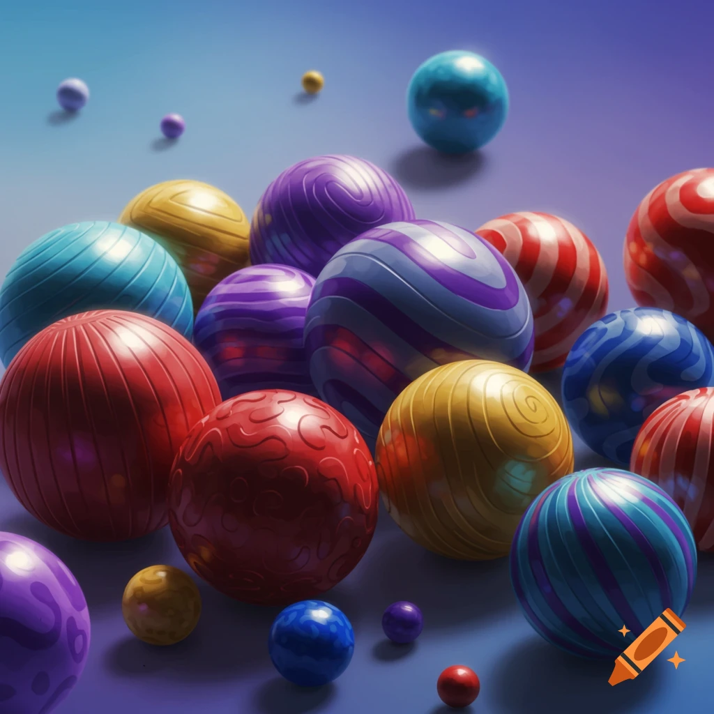 Vibrant, hyperrealistic multicolored balls are scattered on a blue and purple gradient background.
