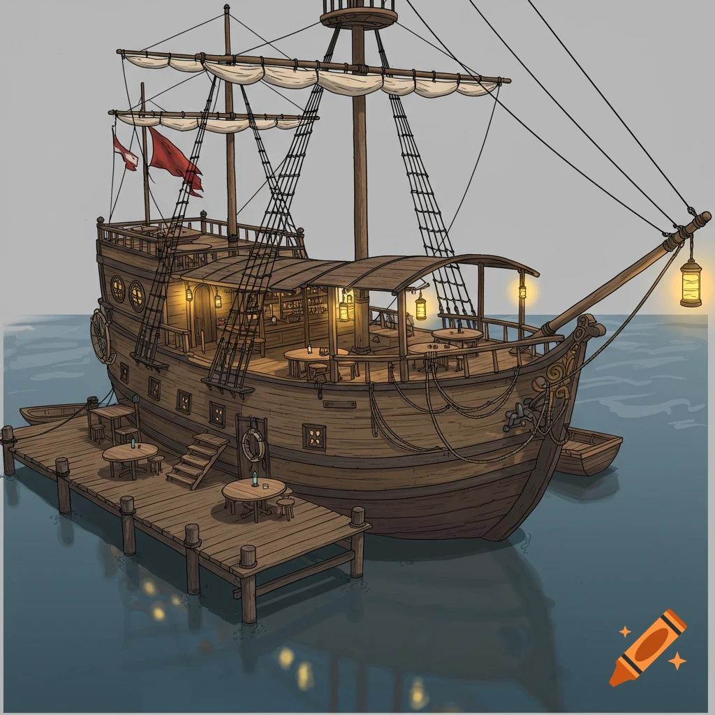 Detailed illustration of an old wooden sailing ship converted into an inn, anchored at a dock with tables and a bar on deck.