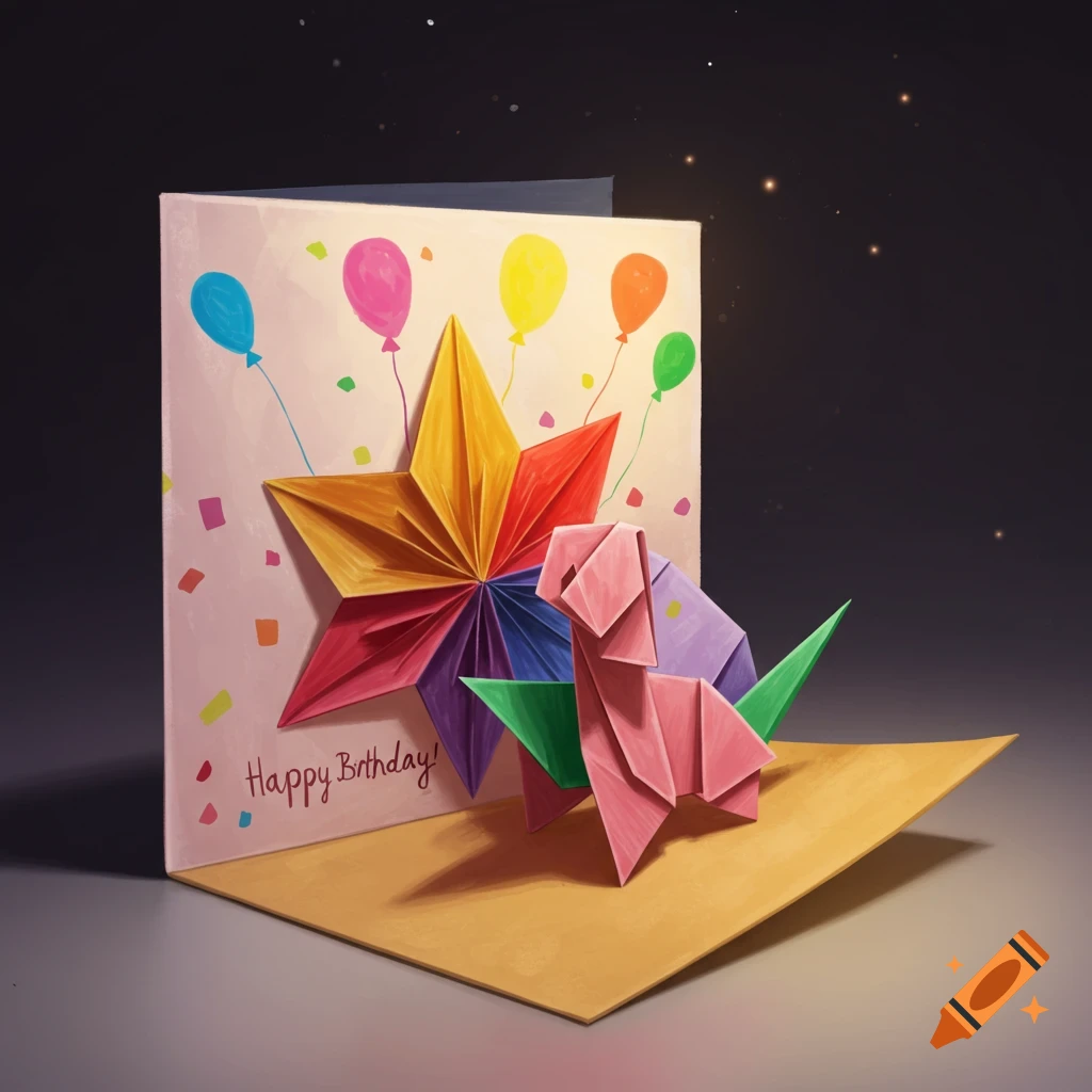 Origami pop-up birthday card with star, balloons, and a pink dog, reading 'Happy Birthday!'.