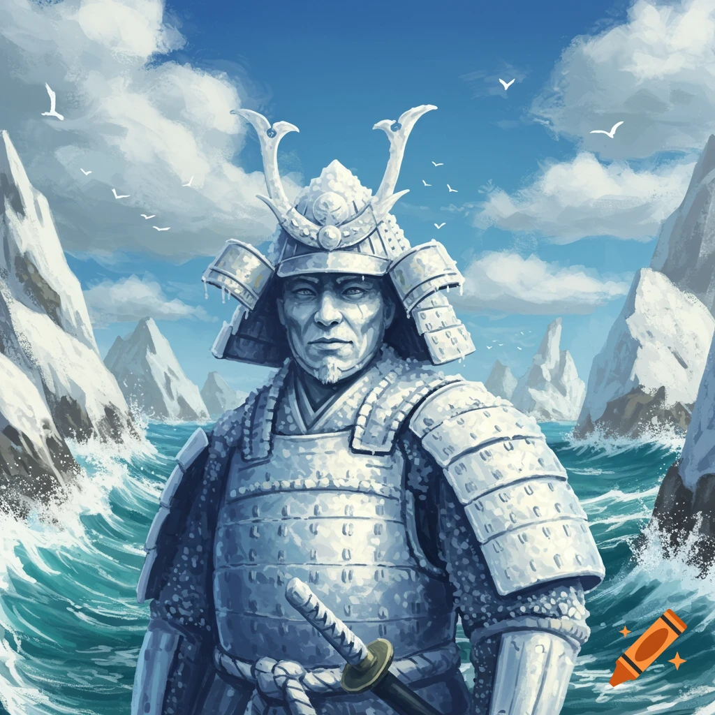 A statue-like samurai in icy armor stands in a choppy sea between snow-capped mountains under a cloudy sky.