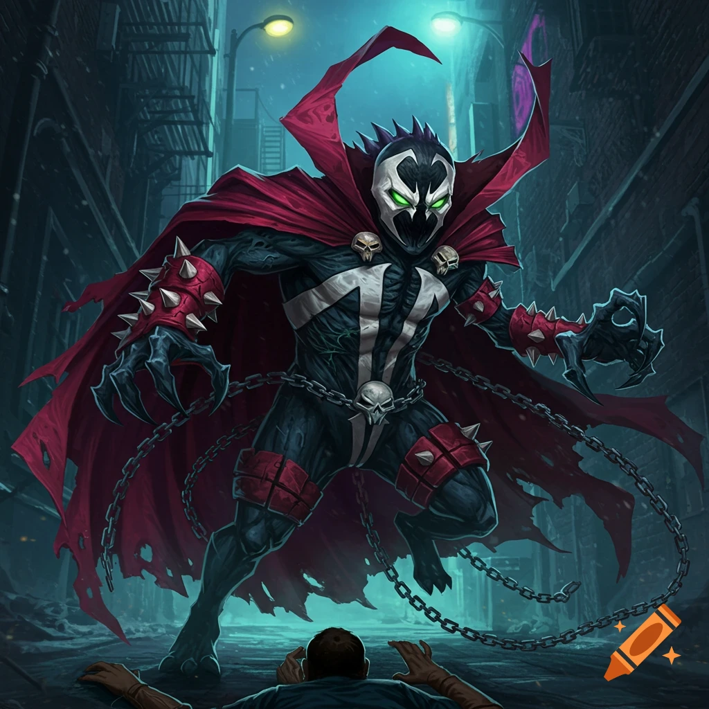 Spawn stands over a figure in a dark alley in a dramatic comic book style illustration.