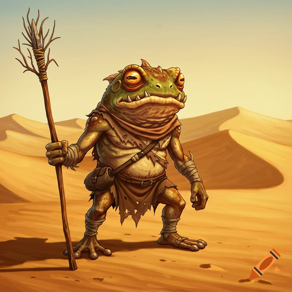 A Bullywug holds a spear in a desert landscape.