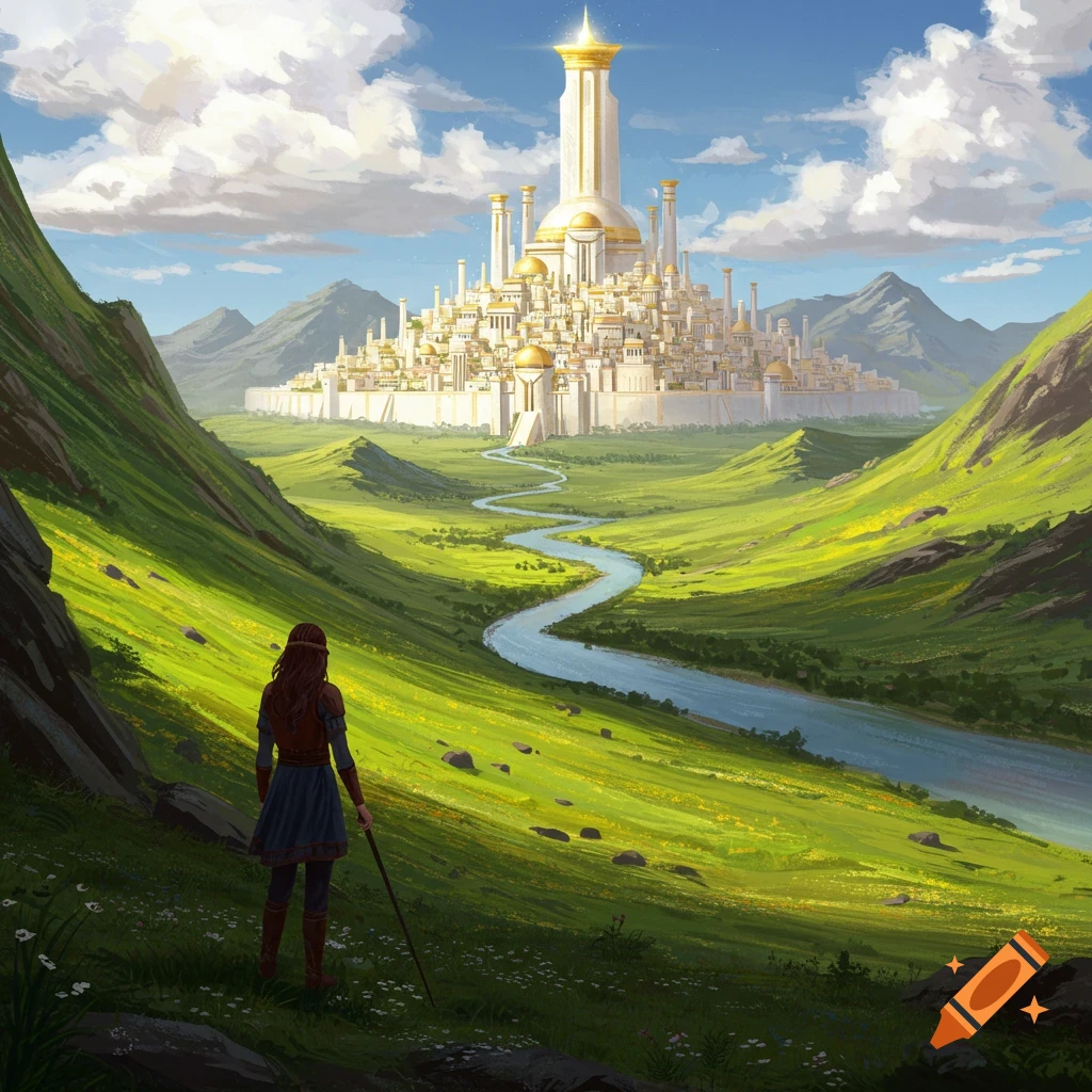 A person looks out at a golden fantasy city nestled in a valley with a river.
