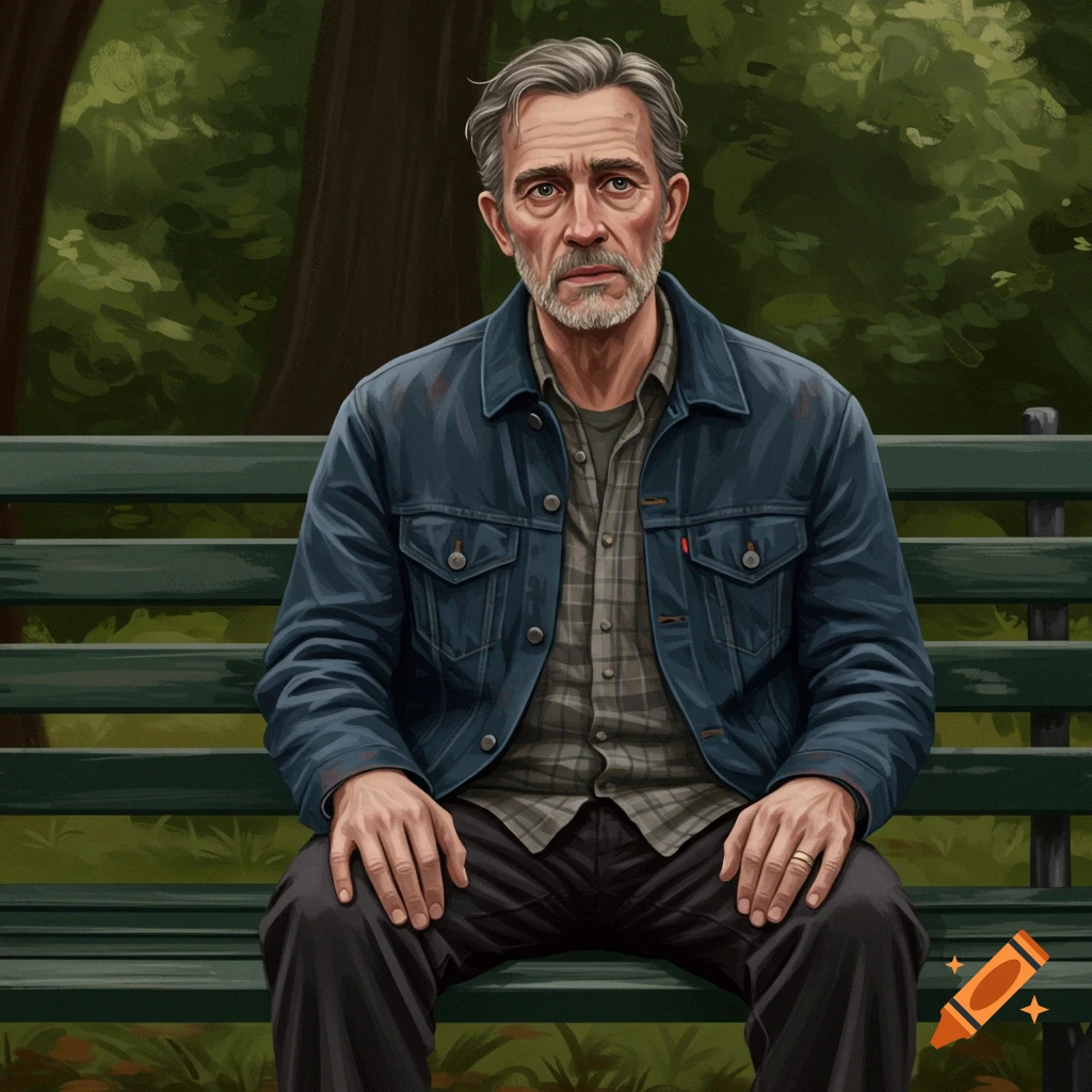 An older man sitting on a park bench.