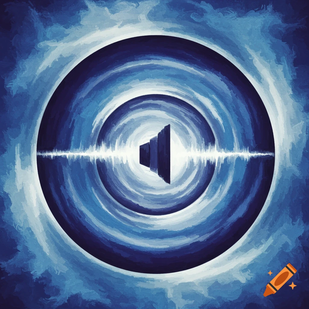 a sound icon with a sound wave, surrounded by concentric blue abstract circles.
