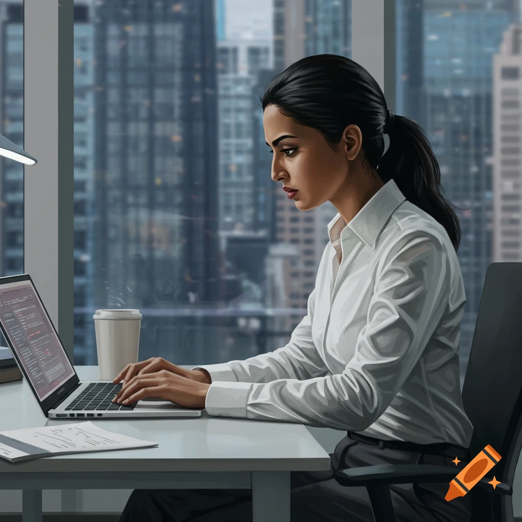 A professional working on a laptop in an office with a city view.