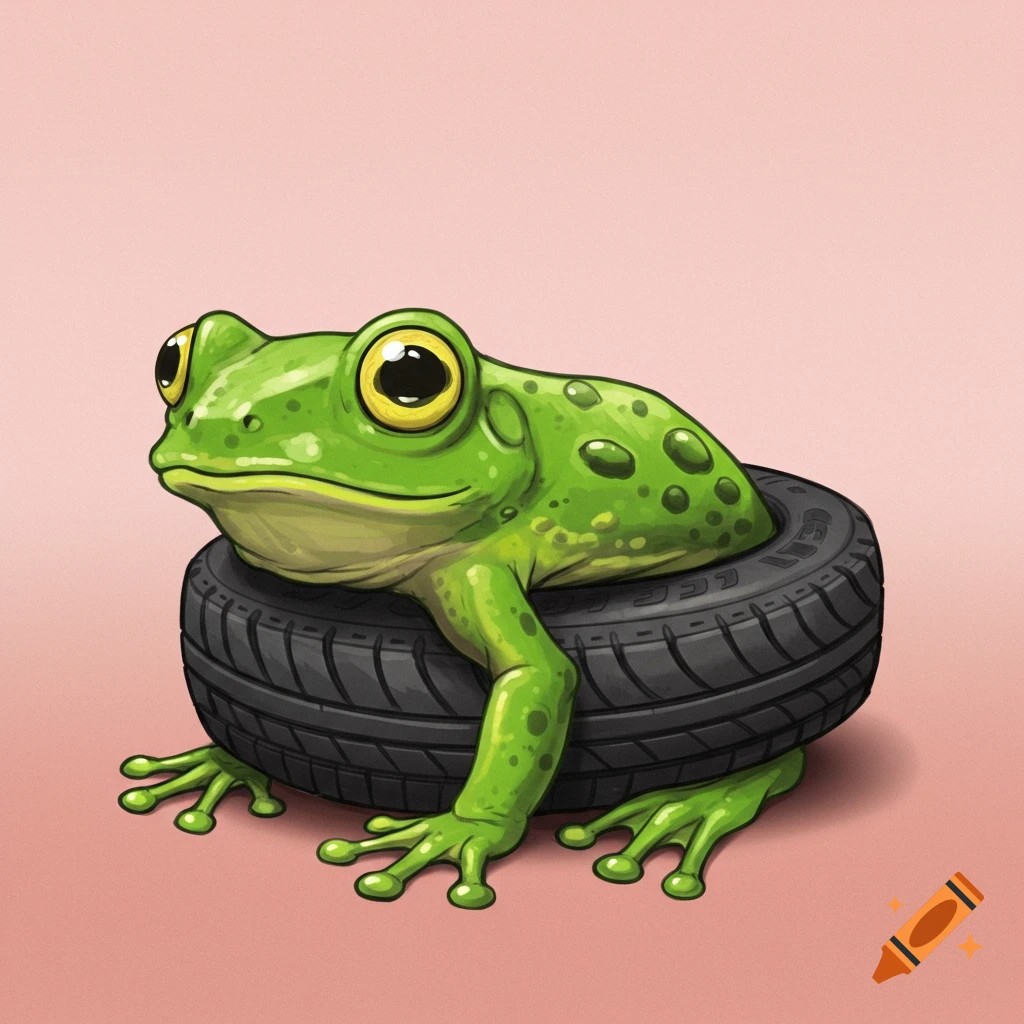 A green frog sitting inside a black tire