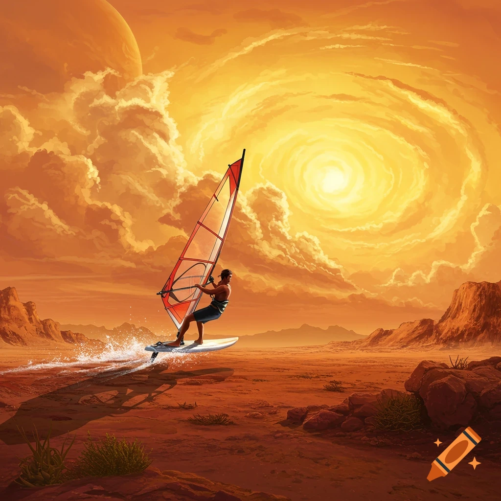 A man windsurfing on a reddish plain under a swirling orange sky with a large planet.