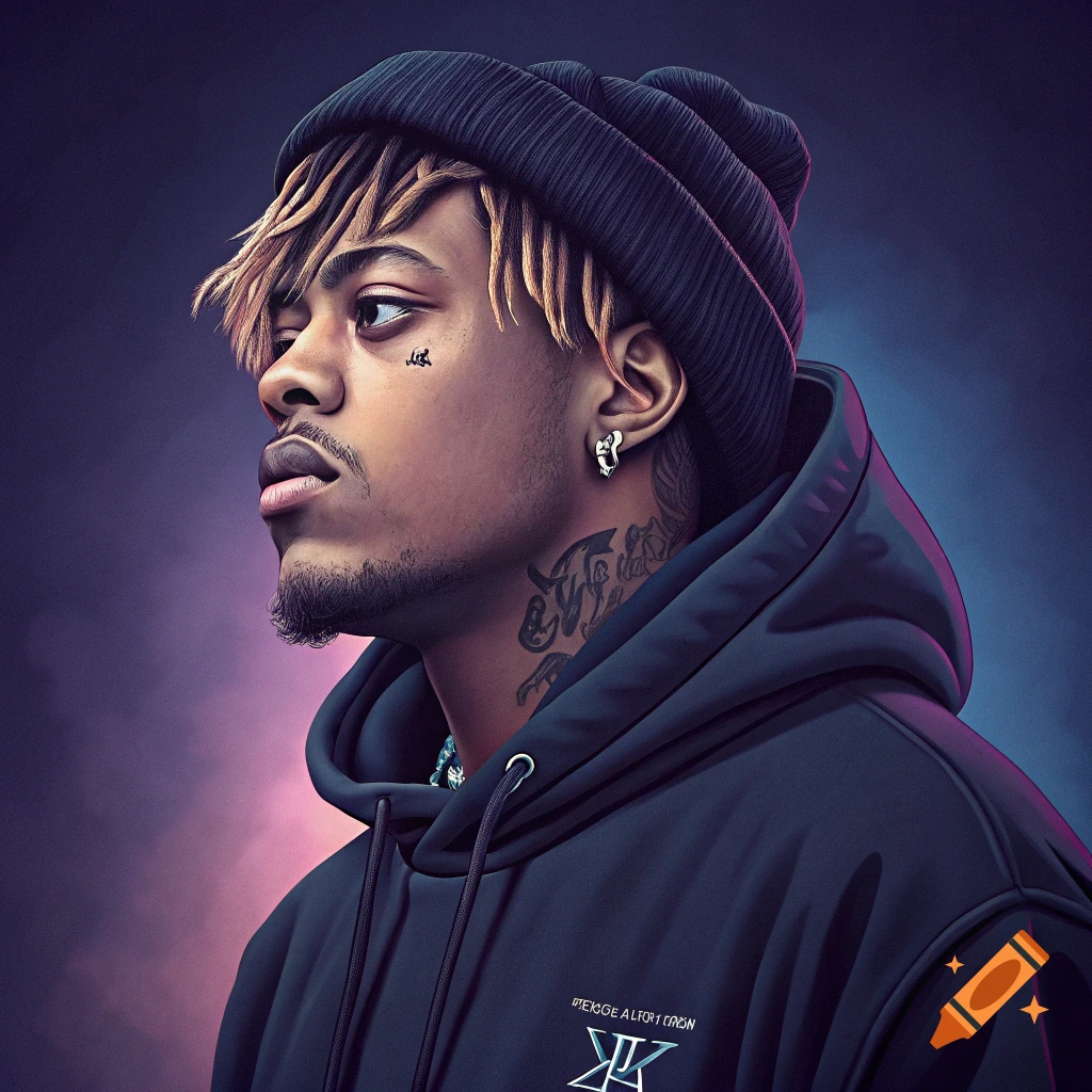 Stylized portrait of a person wearing a beanie and hoodie with tattoos, looking away from the camera.