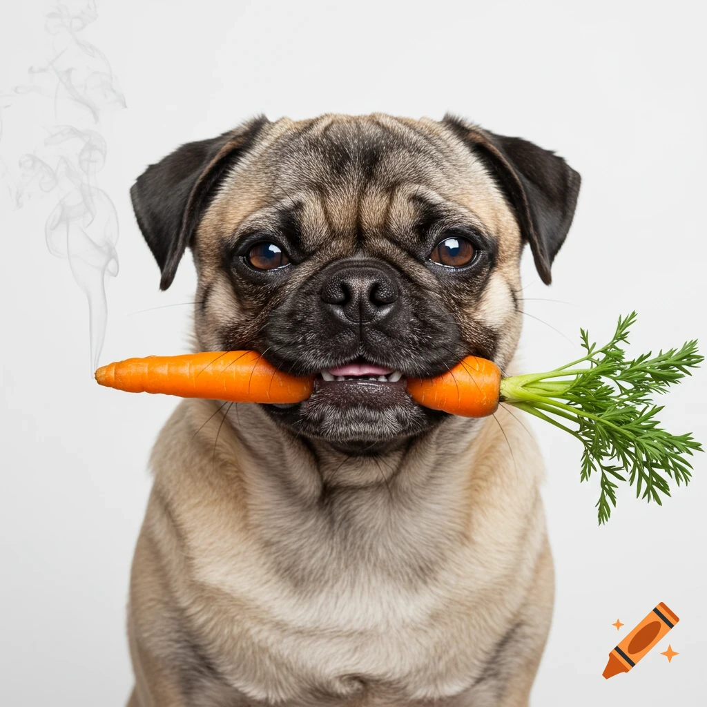 Photorealistic close-up of a pug holding a carrot in its mouth with smoke