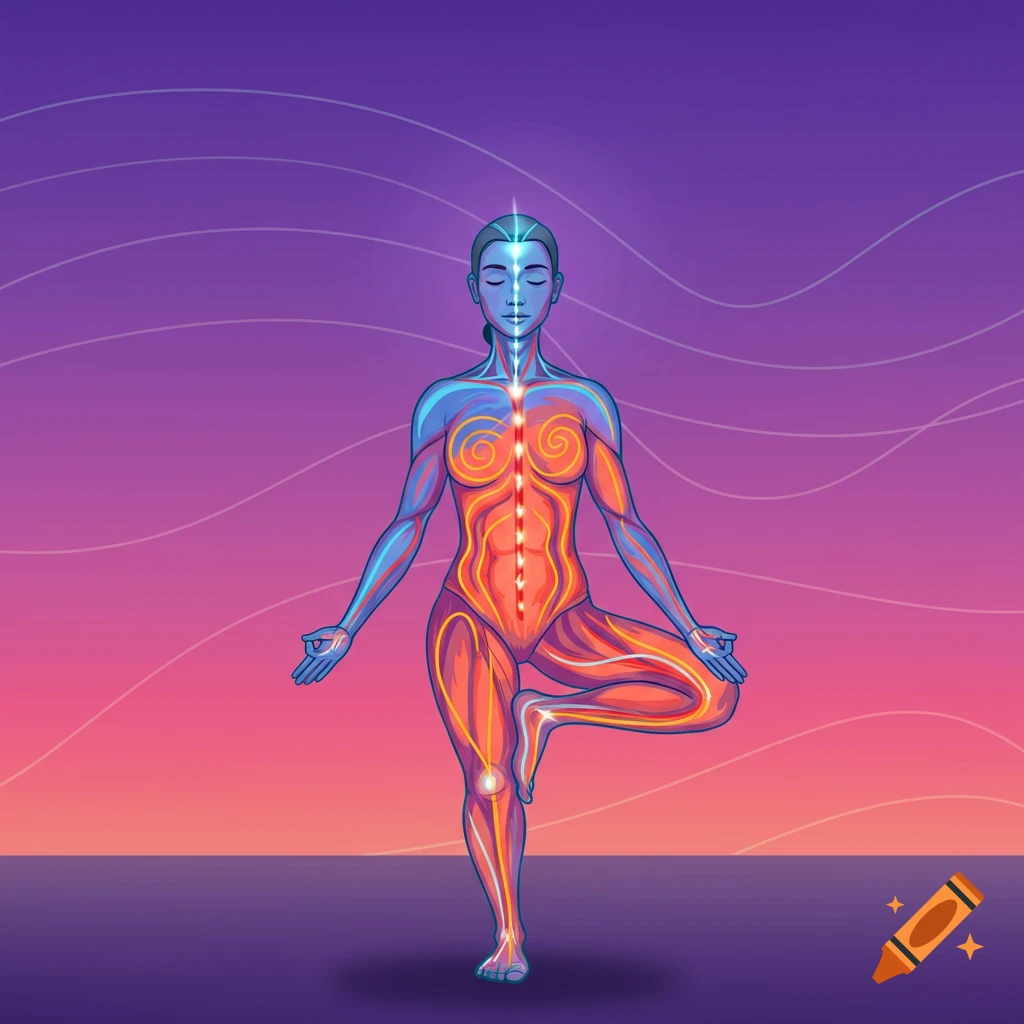 Stylized illustration of a person in Tree Pose yoga showing internal energy lines.