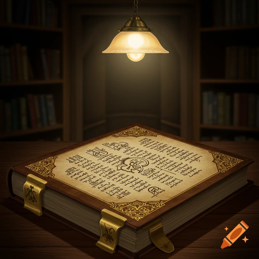 A large, ornate book with illegible symbols on the cover sits on a wooden table in a library setting, lit by a hanging lamp.