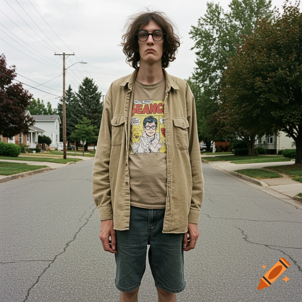 A tall man with glasses and curly hair stands in a suburban street wearing a corduroy jacket and a t-shirt with a comic character.
