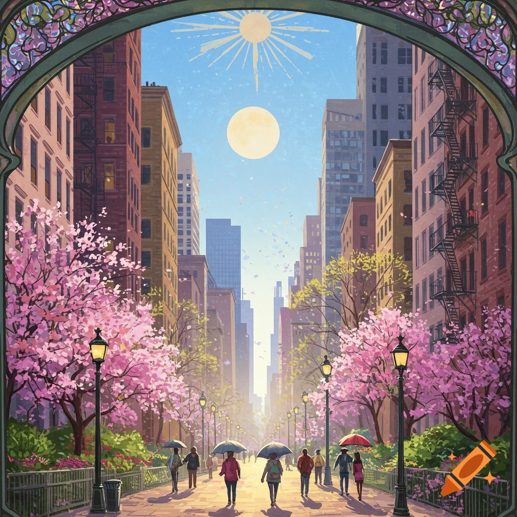 An Art Nouveau style image of a sunlit springtime street scene in a city with pink cherry blossom trees and people walking under umbrellas.
