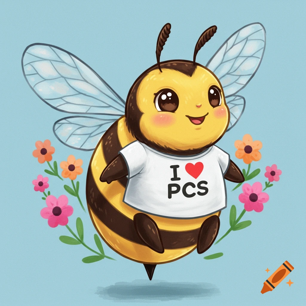 A cute cartoon bee wears a shirt that says "I love PCS" and is surrounded by pink and orange flowers.
