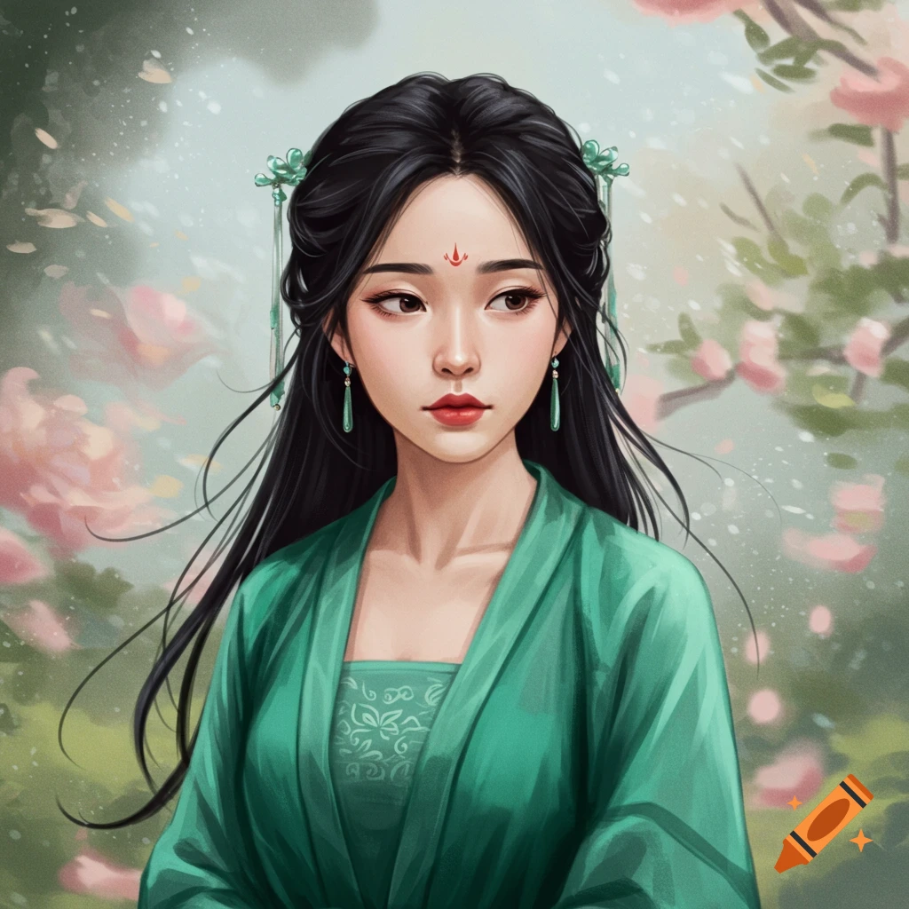 A woman with long black hair, wearing a green traditional dress and hair accessories, in a floral setting.