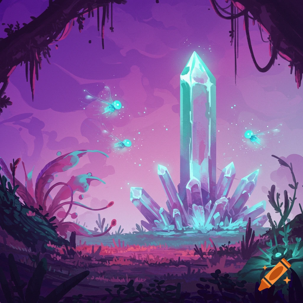 A fantasy landscape with large glowing crystals, alien plants, and floating glowing creatures