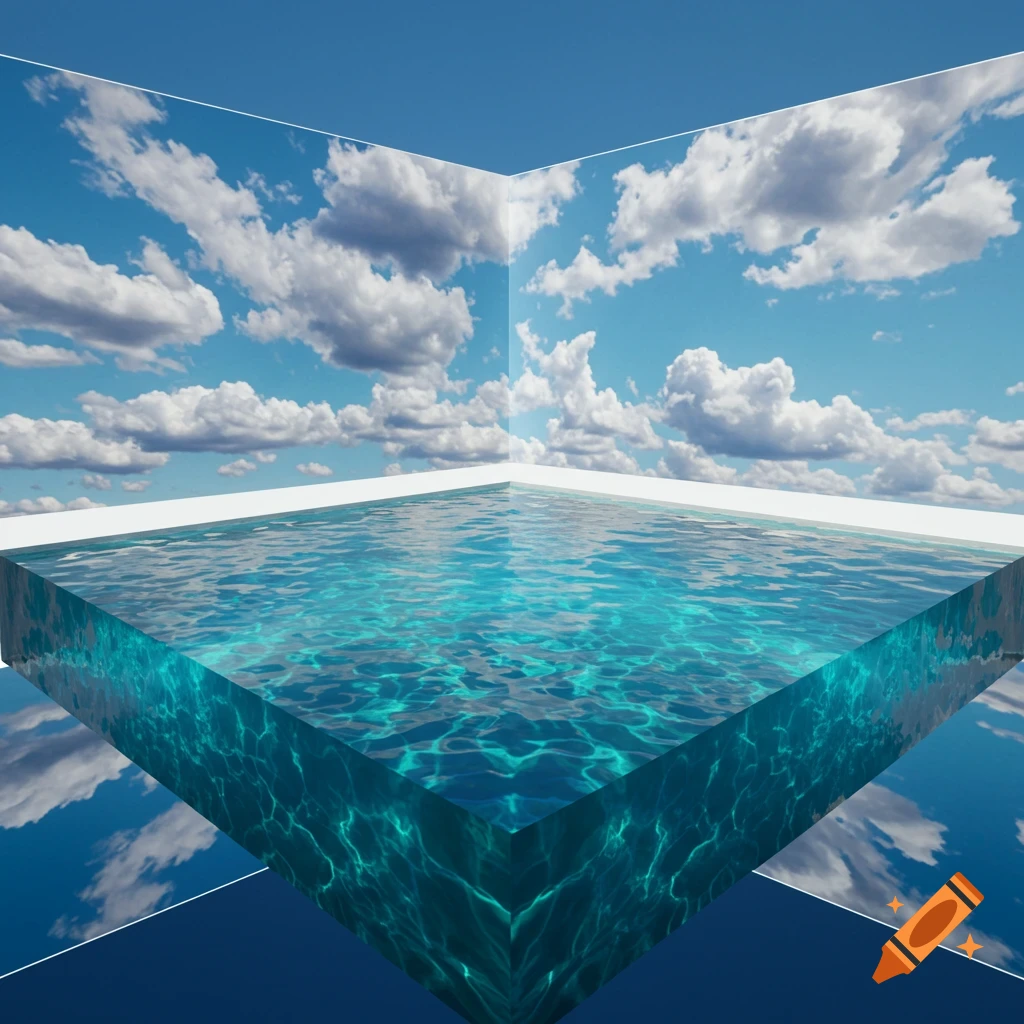 A deep pool of water reflecting a sky with clouds.