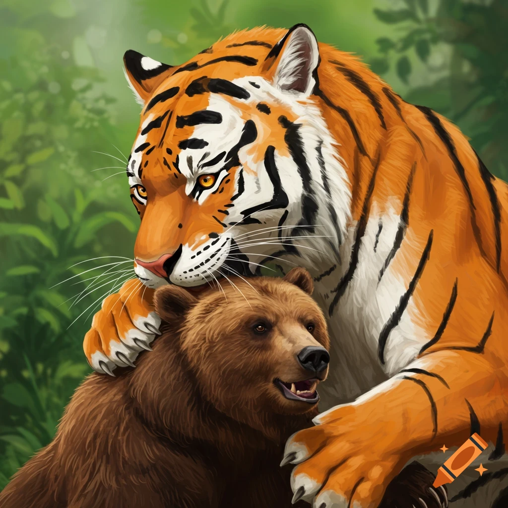 A tiger holding a bear in a forest