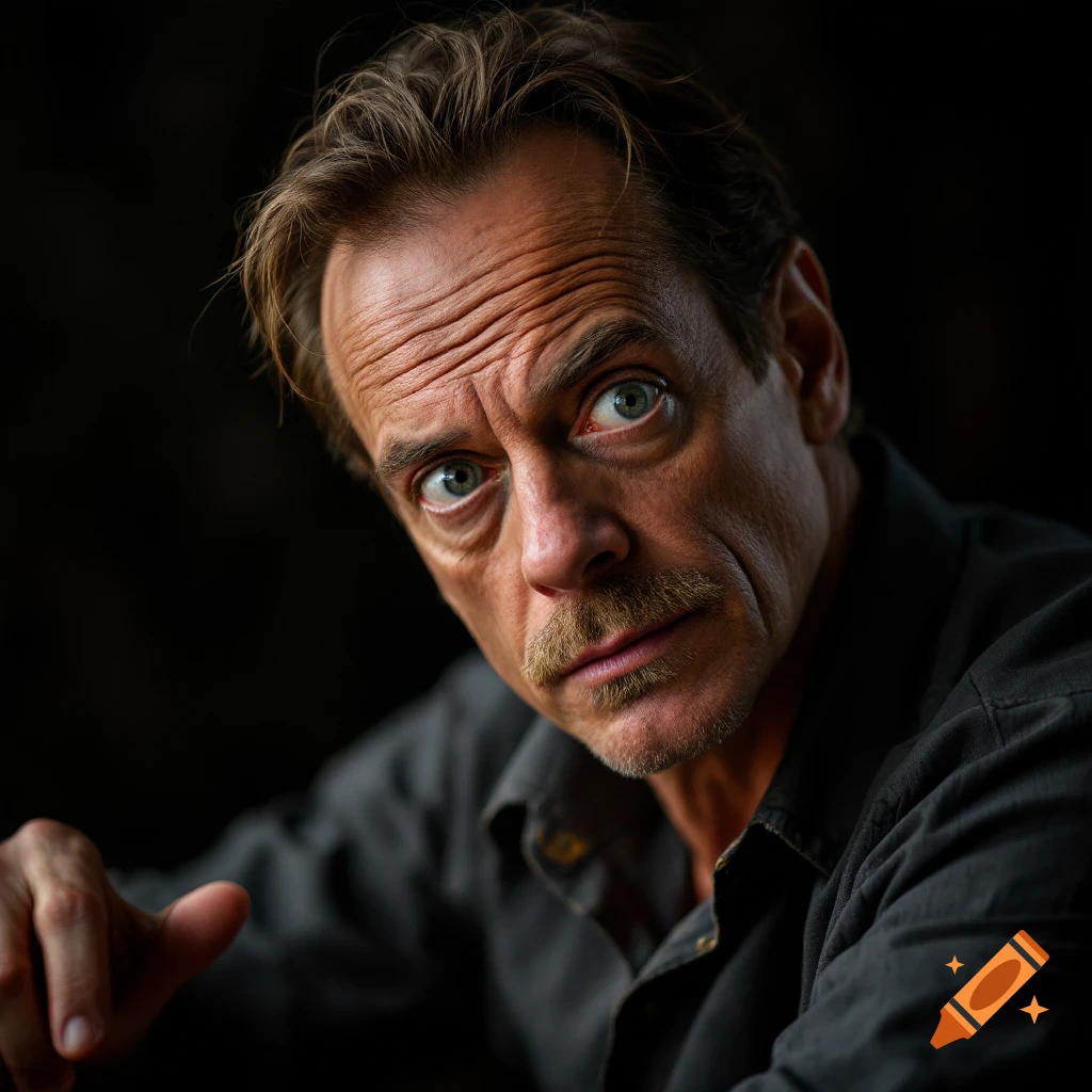 Close-up photorealistic portrait of a man resembling Steve Buscemi looking intently at the camera.